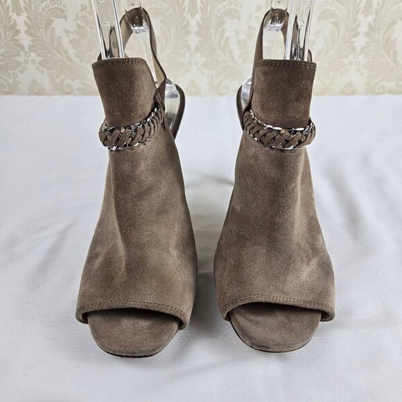 MICHAEL Michael Kors Size 8M Taupe Suede Leather Stiletto Peep Toe Booties Chain - Picture 5 of 16